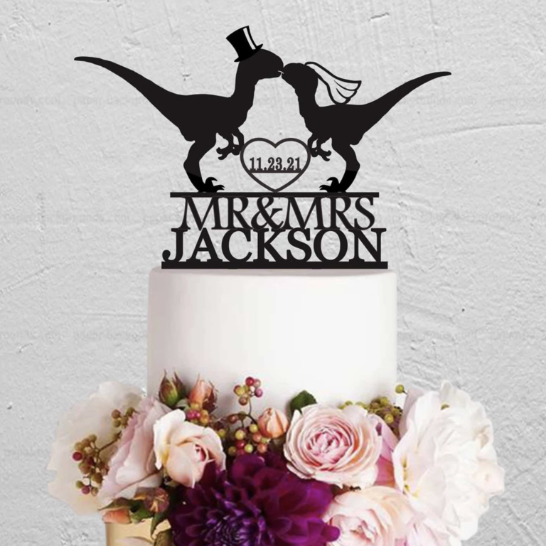 Personalized Dinosaurs Kissing Funny Wedding Cake Topper