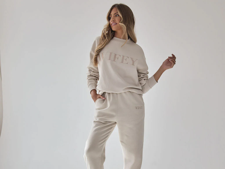 crewneck and jogger with 'wifey' on front