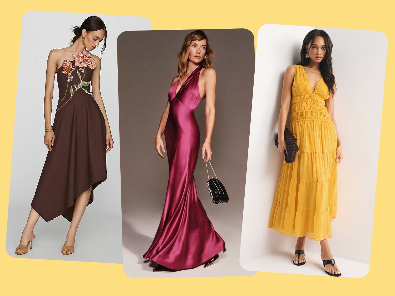 Collage of three petite wedding guest dresses