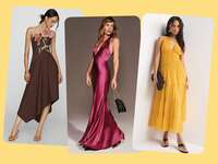 Collage of three petite wedding guest dresses