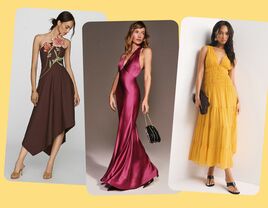 Collage of three petite wedding guest dresses