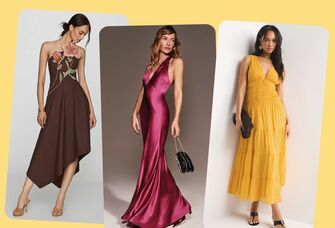 Collage of three petite wedding guest dresses