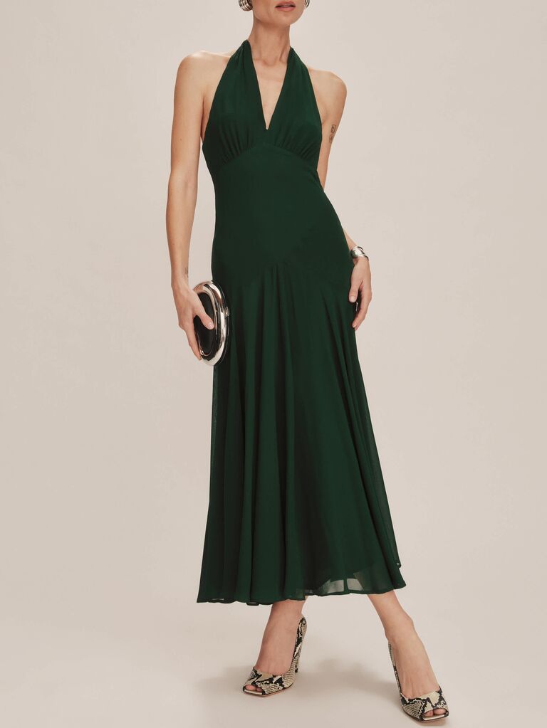 Reformation forest green rehearsal dinner guest dress