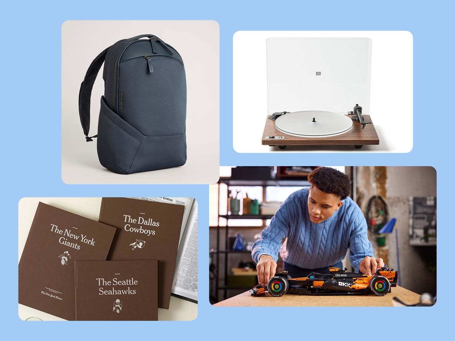 Collage of four gift ideas for your husband: backpack, record player, LEGO racecar, football history books