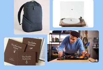 Collage of four gift ideas for your husband: backpack, record player, LEGO racecar, football history books