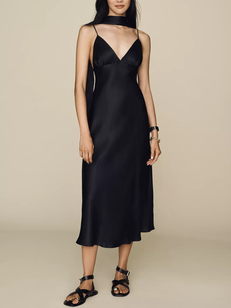 Maeve black scarf detail midi petite dress