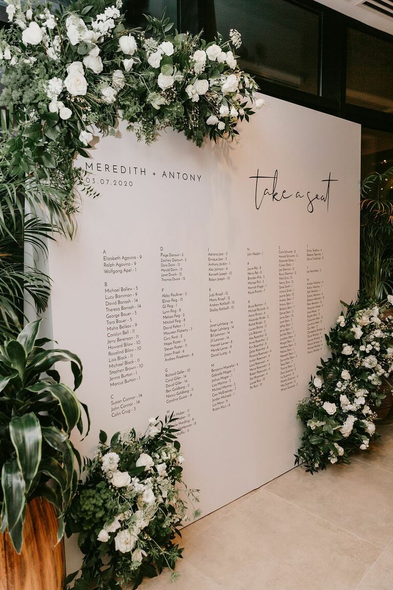 Large black-and-white seating chart with floral accents