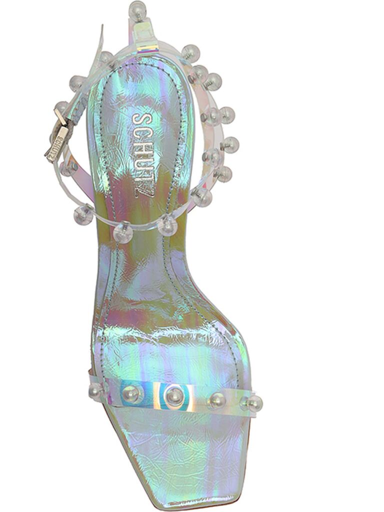 Multi-color metallic heels with clear straps embellished with faux bauble pearls form Nordstrom
