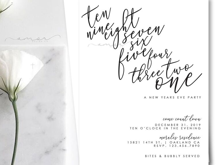 Minimalist and modern design with countdown from 10 in black script above event details on white background 