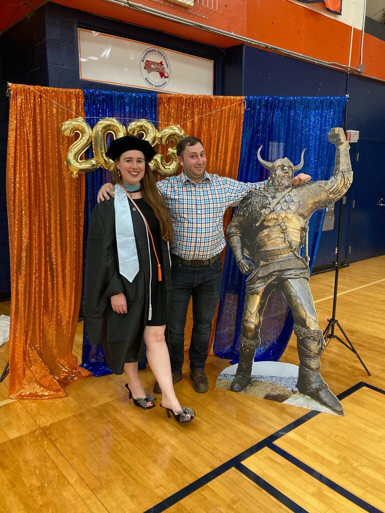 Emily earned her leadership degree and principal's license. Chris identifies most with the viking.