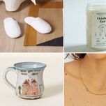 Four sister-in-law gifts: slippers, birthdate candle, initial necklace, and ceramic mug