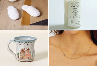 Four sister-in-law gifts: slippers, birthdate candle, initial necklace, and ceramic mug