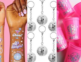 collage of disco bachelorette party favors including temporary tattoos, disco ball keychains and disco ball cups