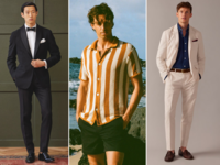 Collage of three men's wedding outfit ideas for both grooms and guests