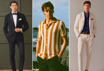 Collage of three men's wedding outfit ideas for both grooms and guests