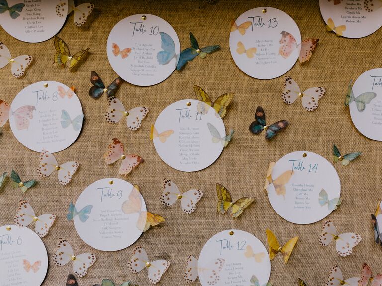 wedding seating chart display decorated with faux butterflies in pastel blue, pink and yellow colors