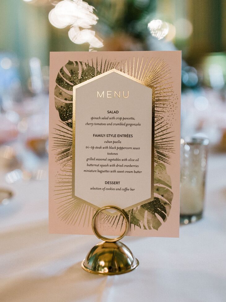 Elegant Menu With Gold Detailing And Tropical Leaf Theme