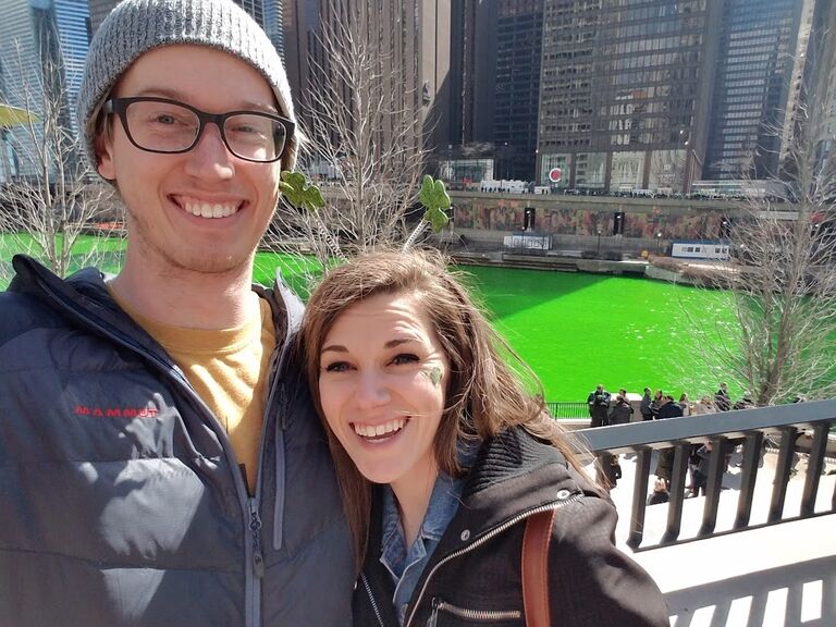 Jenna had a girl's trip planned to Chicago for St. Patrick's Day. Zach had a boy's trip planned to Montana to snowboard for St. Patrick's Day. Zach's car encountered a snowstorm in North Dakota that closed the roads! They decided it was the same time to drive to Chicago as it was to Montana from where they were, that they pivoted their trip to celebrate St Patrick's day with us! 