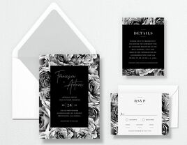 Vera Wang x The Knot Rose Garden wedding invitation suite with black and white floral border