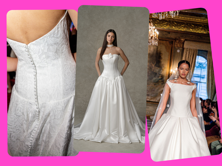 Elongated waists with basque or drop wedding dresses at Fall Bridal Fashion Week