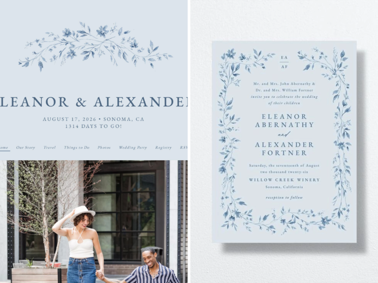 romantic light blue floral wedding website with matching invitations