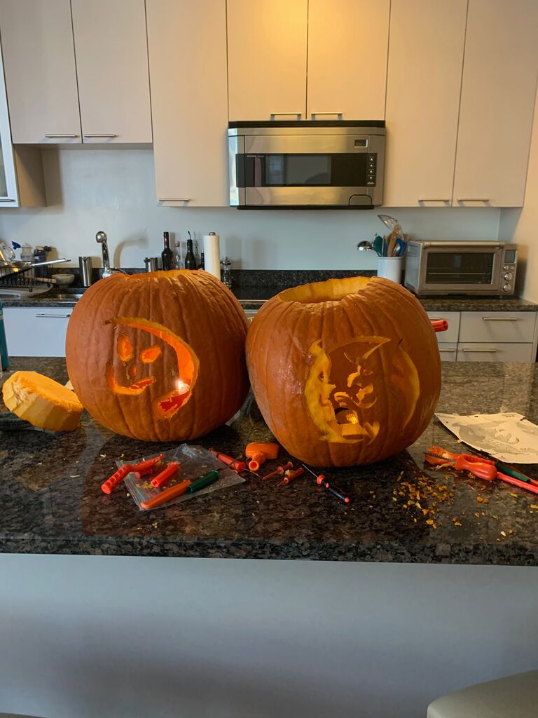 Teddy's first attempt at pumpkin carving. ("Take a guess at who is the surgeon..."- Teddy)