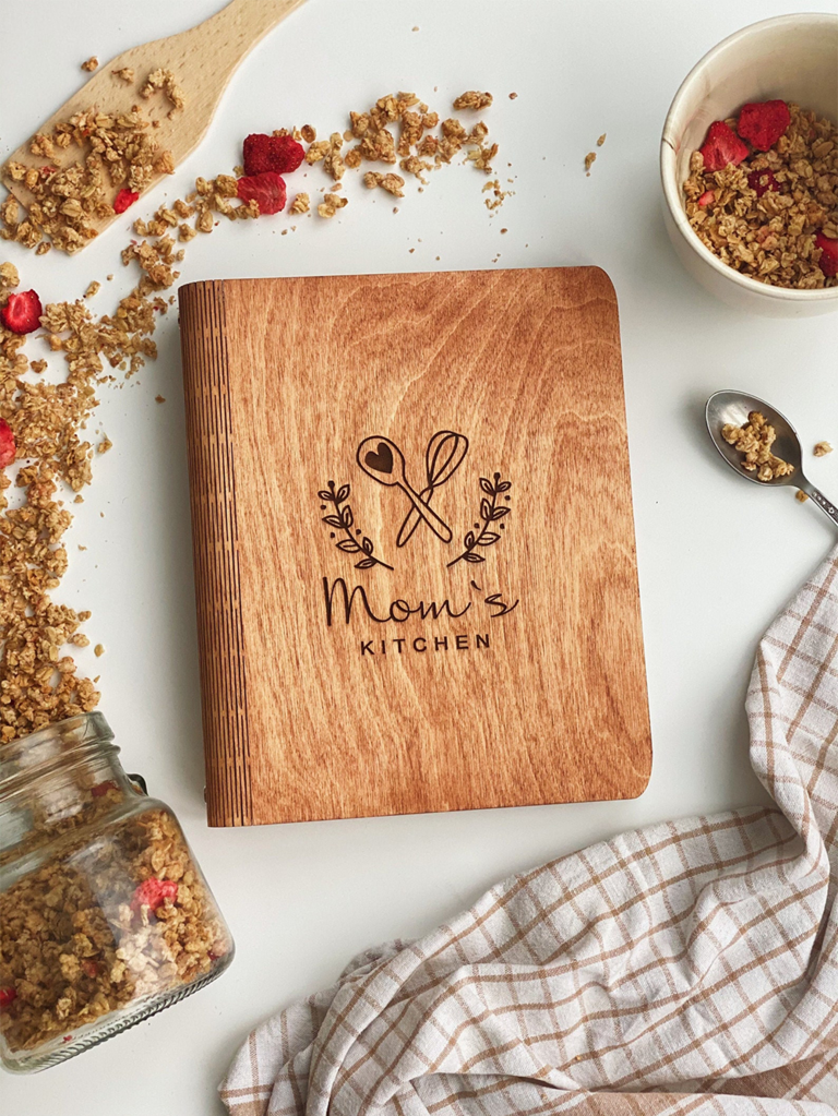 Wooden personalized cookbook with whisk design