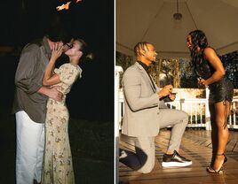 Photo 1: Sofia Richie kissing her fiance after he proposed. Photo 2: Simone Biles' fiance proposing