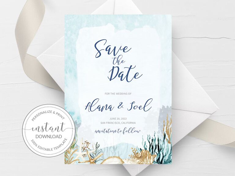 Under the sea theme with seaweed and starfish graphics, event details in dark blue script