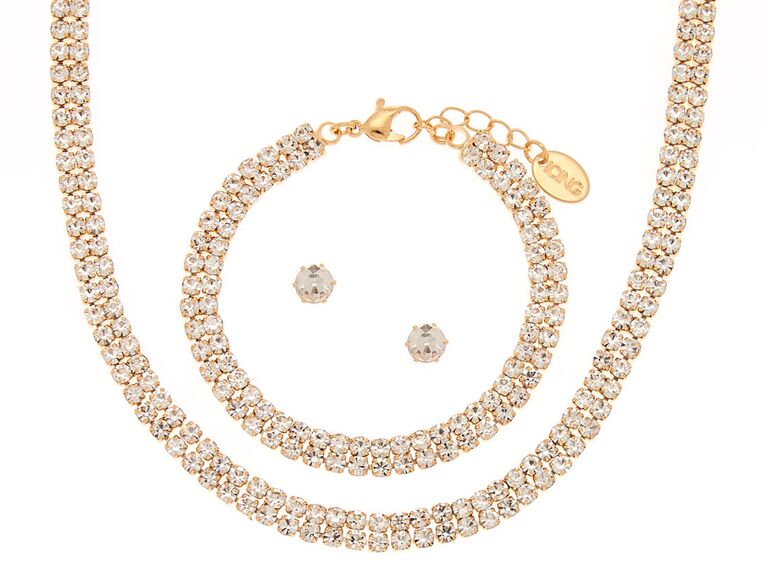 Gold inexpensive bridesmaid jewelry set with rhinestone necklace, bracelet and earrings