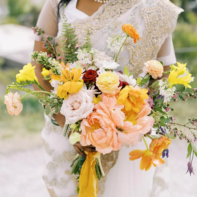 Bright yellow, white and coral bouquet