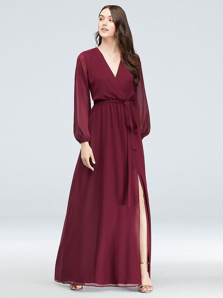 Dark magenta silk maxi wrap dresslong sleeve dressbridesmaid dresssilk evening dresslong dresswedding guest dresswedding dress