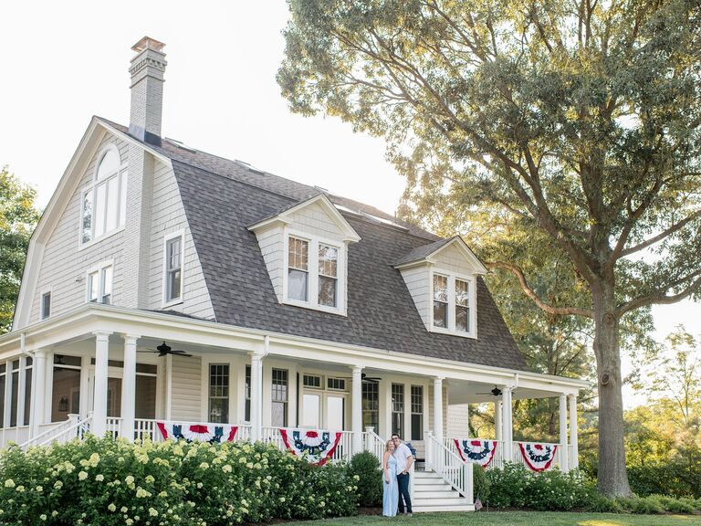 Summer engagement photo shoot at the couples' house. 