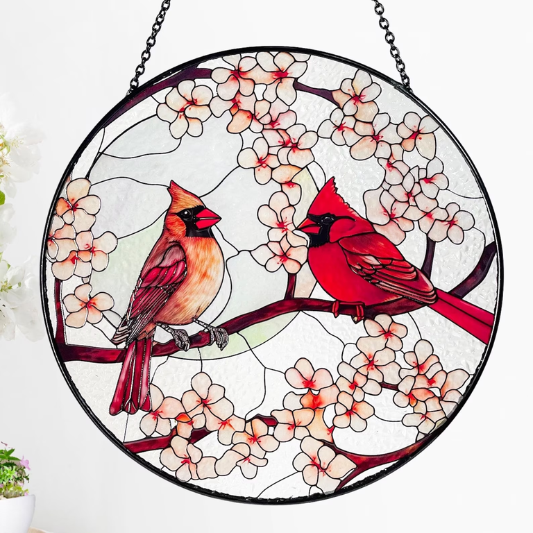 Lovebirds cardinals suncatcher from Glass Dynasty on Etsy