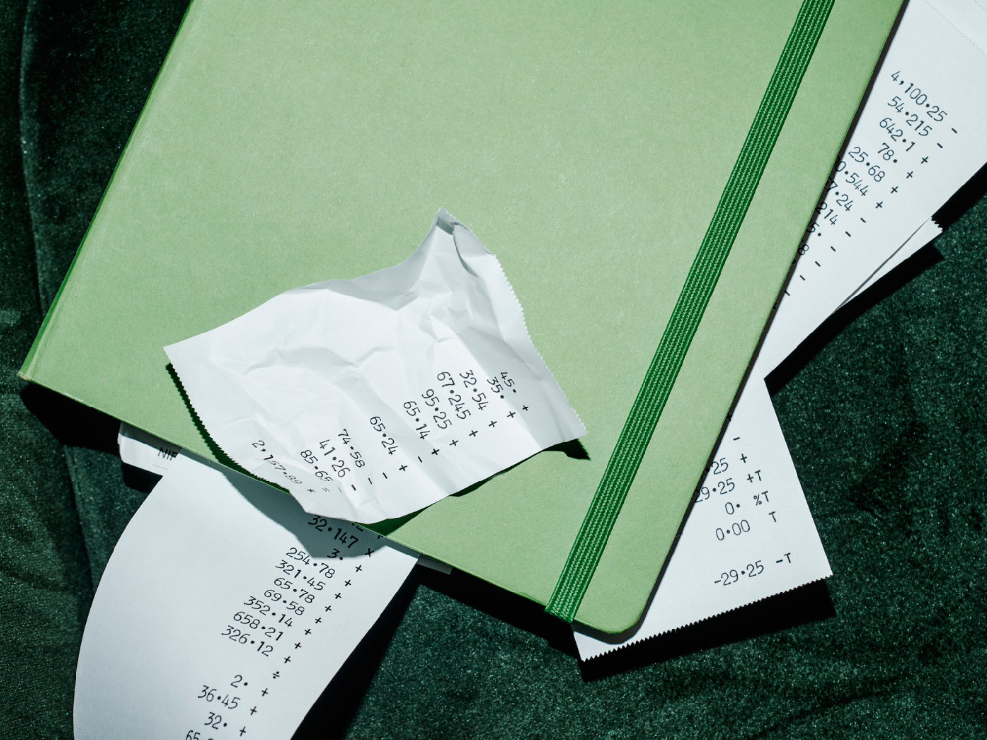 Notebook surrounded by recepits, wedding payment plans