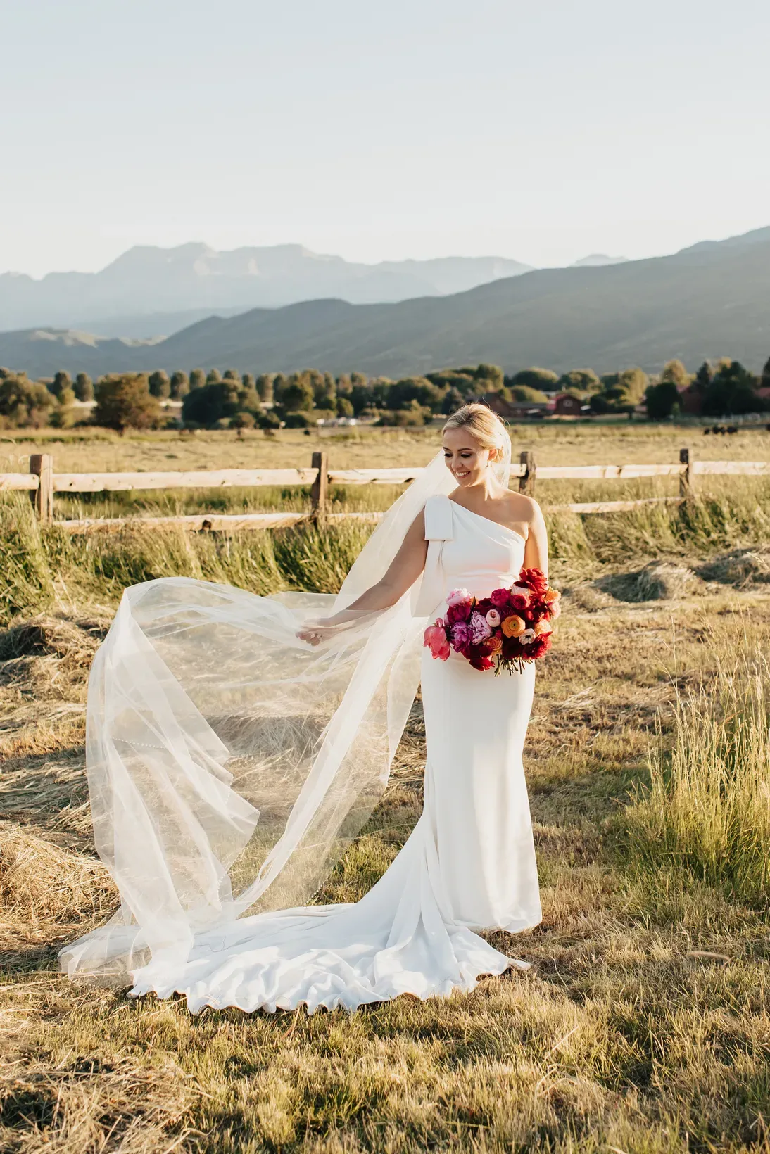 Bride wearing wedding dress with long cathdral veil