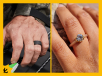 Collage of men's black silicone wedding band and women's silicone solitaire ring