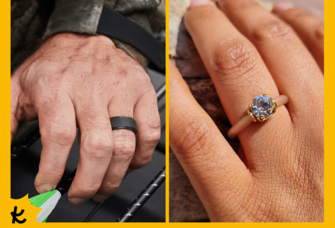 Collage of men's black silicone wedding band and women's silicone solitaire ring