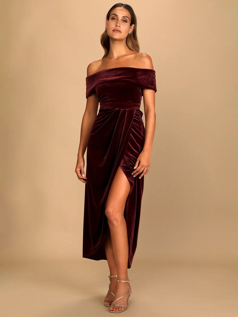 lulus velvet burgundy dress with off the shoulder sleeves folded neckline pleated skirt and slit for what to wear to a halloween wedding
