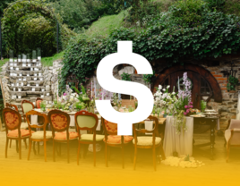 Dollar sign over image of outdoor wedding venue, why are wedding venues so expensive