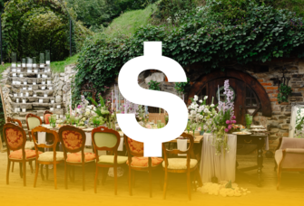 Dollar sign over image of outdoor wedding venue, why are wedding venues so expensive