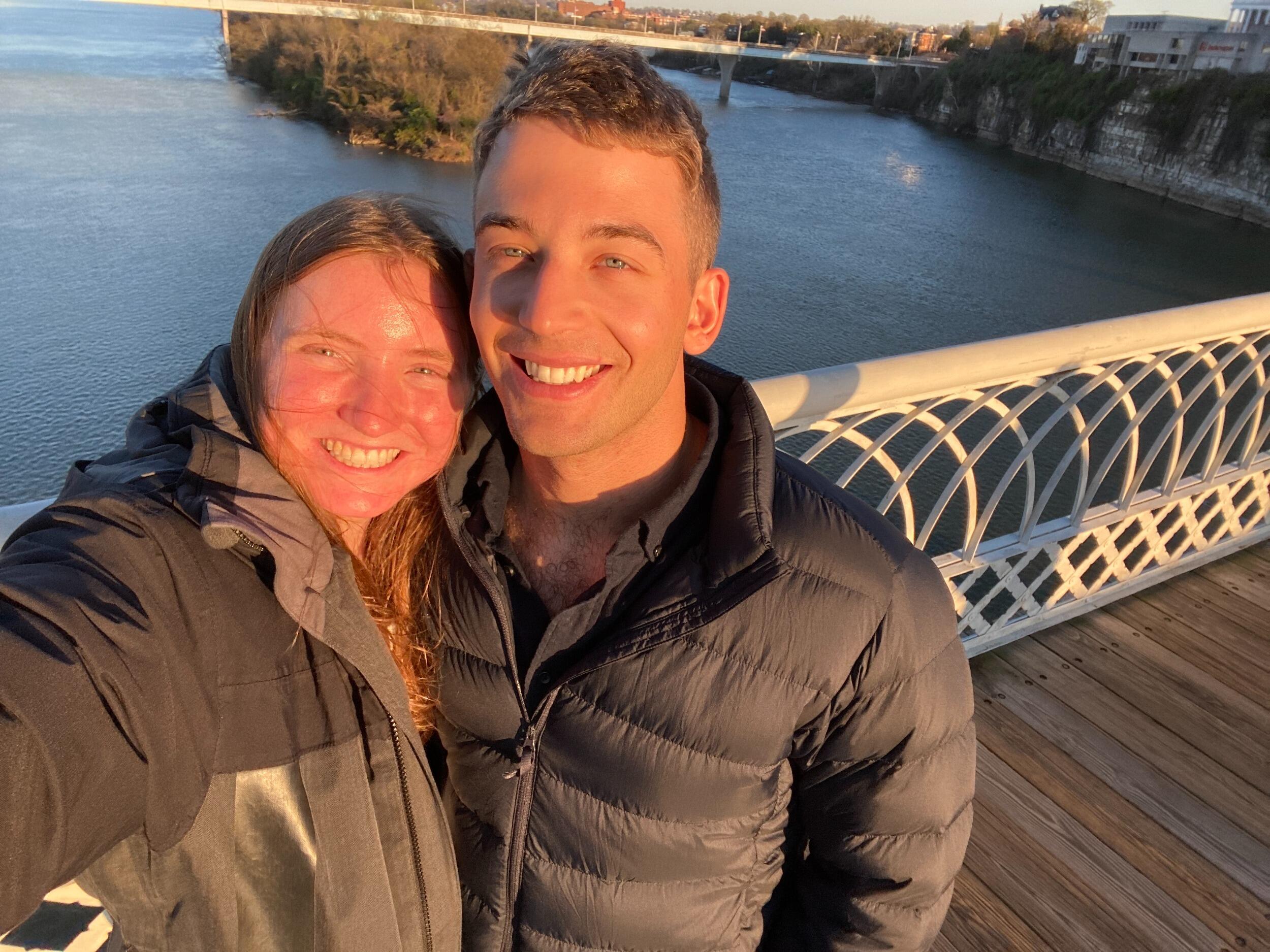 Golden hour at the Noog (AKA Chattanooga). Almost exactly a year later, we walked the same bridge on the day of our engagement!