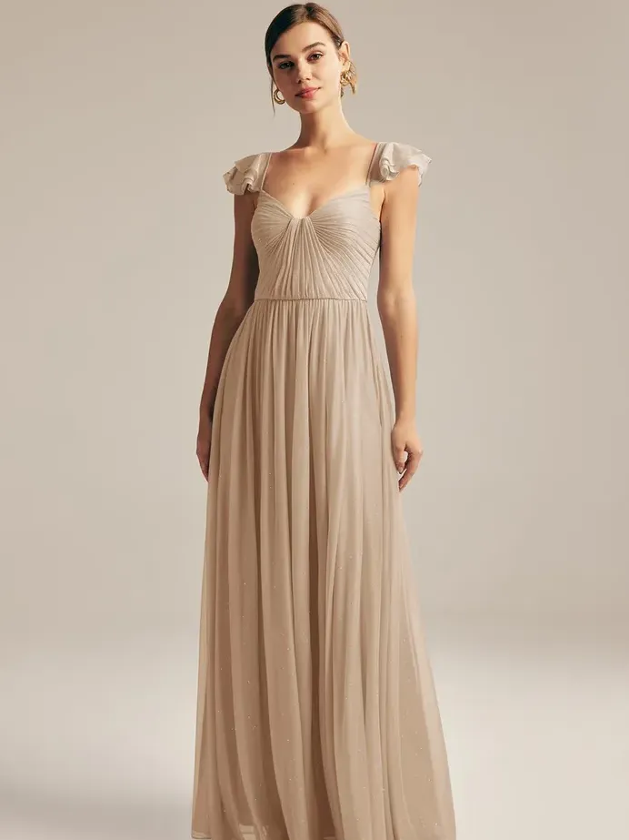 Champagne glittery mesh floor-length cottagecore gown with flutter sleeves for wedding guests and bridesmaids