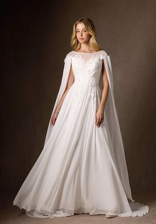 This Grecian-inspired gown is given a modern touch with softly gathered pleats across the bodice, an illusion sweetheart neckline and off-the-shoulder cape sleeves. Enchanting 3D flower appliques, delicate sequins and lace cascade down the bodice into the full A-line skirt that is crafted from layers of pristine chiffon