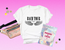 Collage of beyonce bachelorette party shirt and supplies