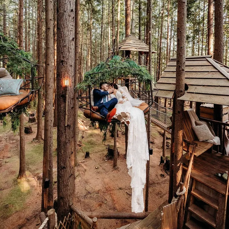 Bride and groom kiss in treehouse, fall wedding photos