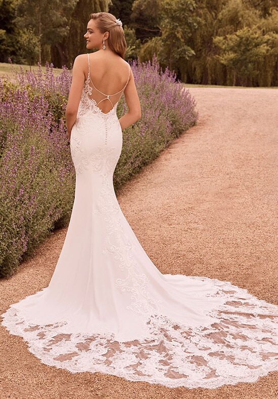 Spaghetti Strap Beaded Lace Fit And Flare Wedding Dress With Open Back And  Dramatic Train