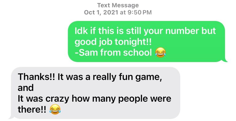The text message that started it all (if you can't tell by the iPhone screenshot... Sam made the first move)