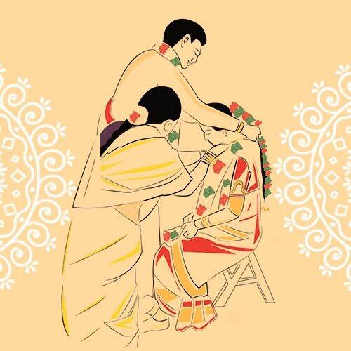 MAANGALYA DHAARANAM (MUHURTAM) - 
The bridegroom takes the sacred thread (Maangalya or Thali) and fastens the first knot around the neck of the bride and his sister fastens the other two knots. With the Mangala Sutram in his hands he recites the following verse:

*maangalya thanthunaanena mama jeevana hethunaa
kante: badhnaami subhage! tvam jeeva saradah satham*

This is a sacred thread. This is essential for my long life. I tie this around your neck, O maiden having many auspicious attributes!
May you live happily for a hundred years with me!

Marriage is not a union between two individuals alone. It is a union of two families and so symbolically,the groom's sister fastens the knots accepting the bride into an ever widening family circle of the groom.