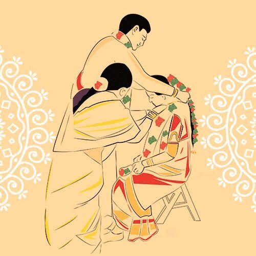 MAANGALYA DHAARANAM (MUHURTAM) - 
The bridegroom takes the sacred thread (Maangalya or Thali) and fastens the first knot around the neck of the bride and his sister fastens the other two knots. With the Mangala Sutram in his hands he recites the following verse:

*maangalya thanthunaanena mama jeevana hethunaa
kante: badhnaami subhage! tvam jeeva saradah satham*

This is a sacred thread. This is essential for my long life. I tie this around your neck, O maiden having many auspicious attributes!
May you live happily for a hundred years with me!

Marriage is not a union between two individuals alone. It is a union of two families and so symbolically,the groom's sister fastens the knots accepting the bride into an ever widening family circle of the groom.